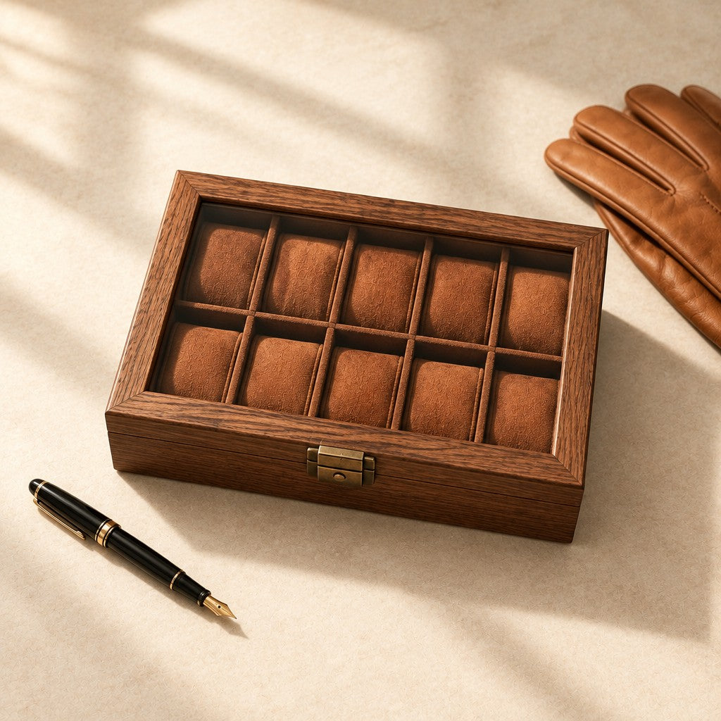 10-slot walnut-finish wooden watch box closed, beside a fountain pen and leather gloves