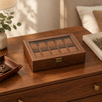 10-slot walnut-finish wooden watch box on a chest of drawers, for scale