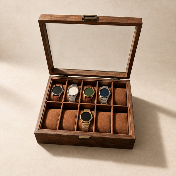 Walnut-Finish Wooden Watch Box with Glass Lid - 10 Slots