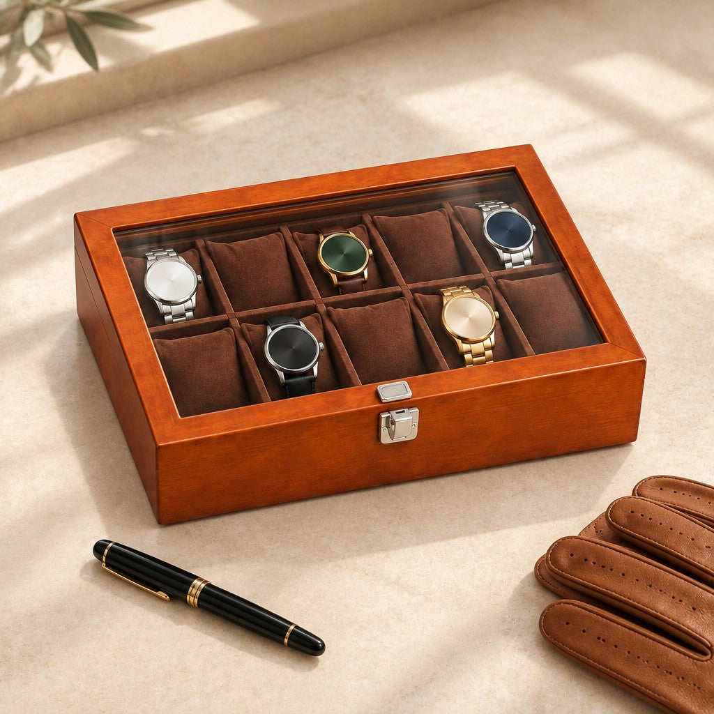10-slot coffee wooden watch box closed, beside a fountain pen and leather gloves