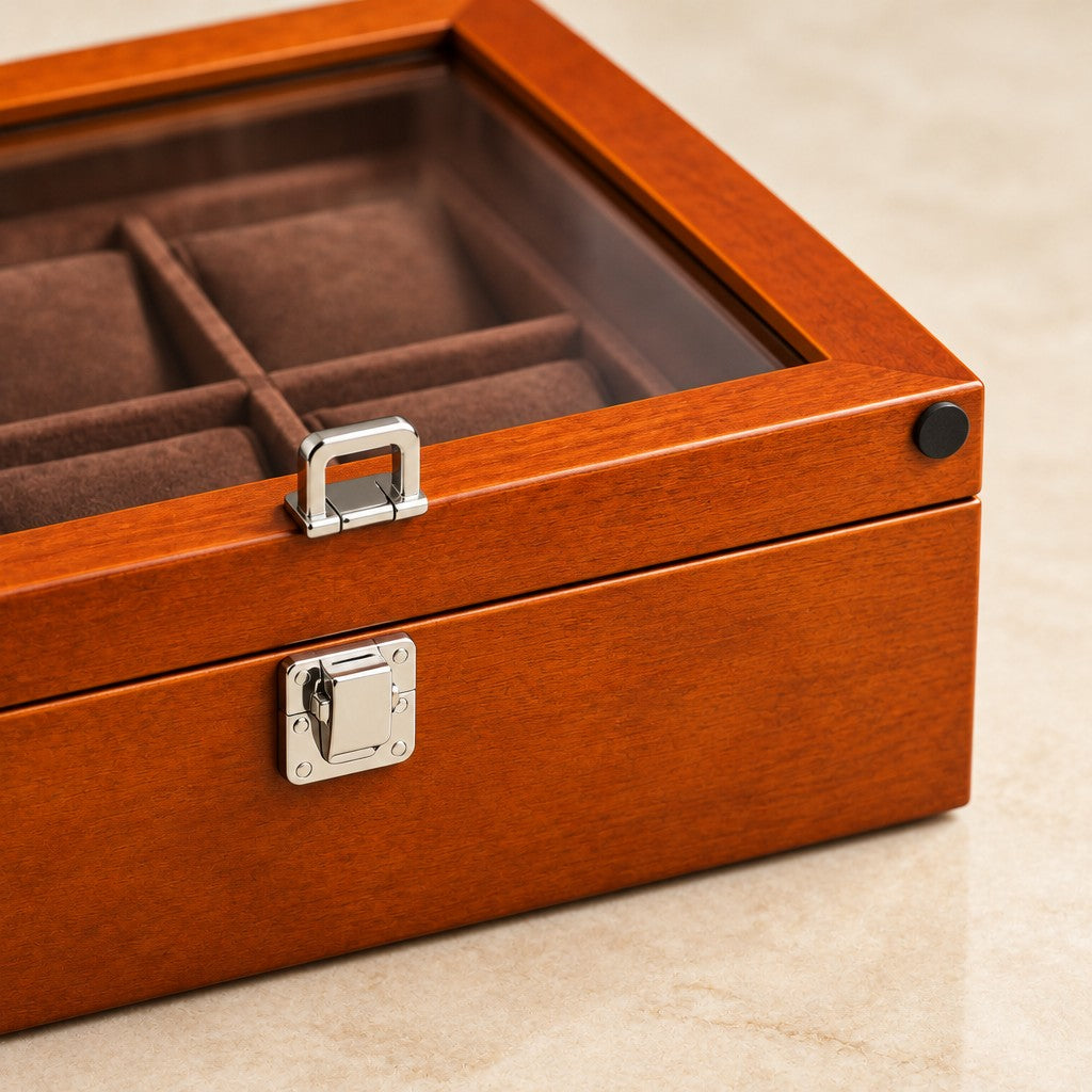 Close-up of the wood finish and silver-tone clasp of the 10-slot watch box