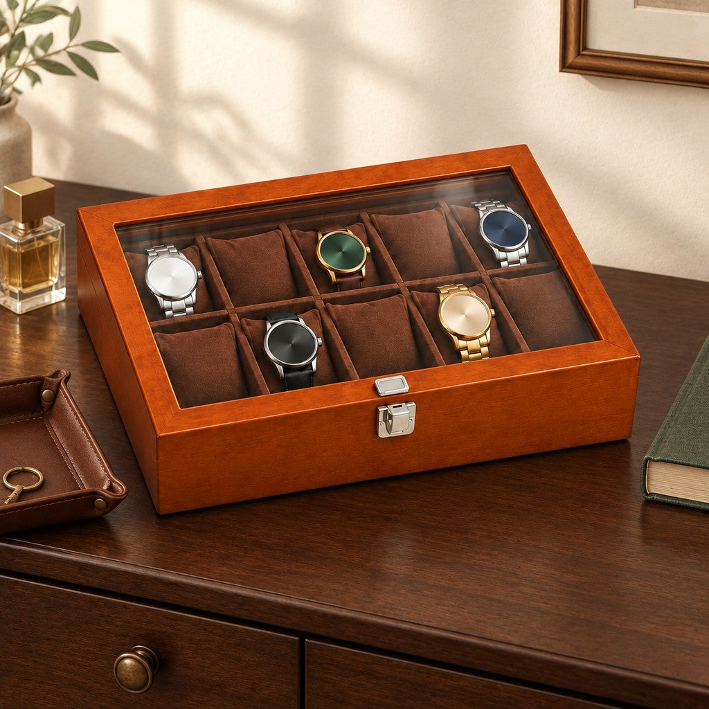 10-slot wooden watch box on a chest of drawers, for scale