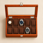 Top view of the 10-slot wooden watch box with a 36 mm, a 42 mm and a 45 mm watch