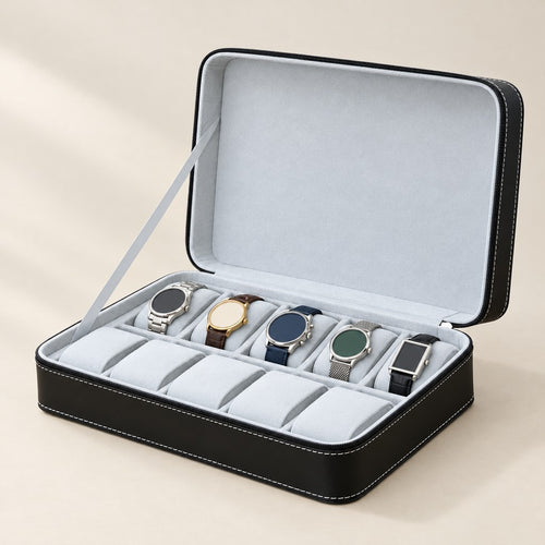 10-slot zippered faux leather watch box in black, open with five watches