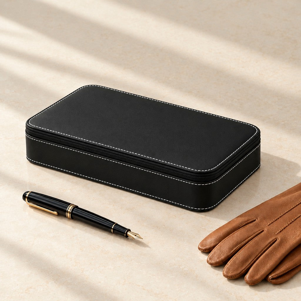 Black zippered faux leather watch box closed, beside a fountain pen and leather gloves