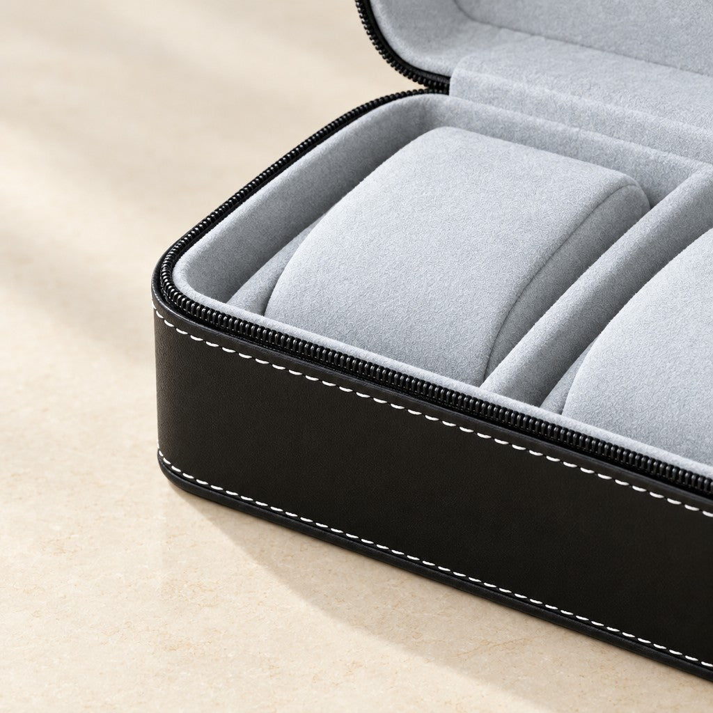 Close-up of the zipper, white stitching and light gray pillow of the watch box