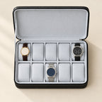 Top view of the 10-slot zippered watch box with a 36 mm, a 42 mm and a 45 mm watch