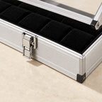 Close-up of the front clasp, aluminum frame and velvet-touch slots of the display box