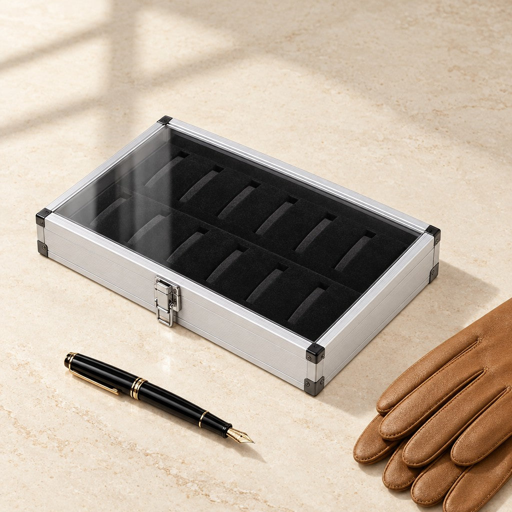 Aluminum watch display box closed, beside a fountain pen and leather gloves