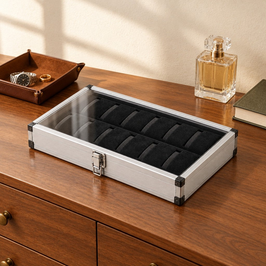 12-slot aluminum display box on a chest of drawers, for scale
