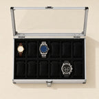 Top view of the 12-slot aluminum display box with a 36 mm, a 42 mm and a 45 mm watch