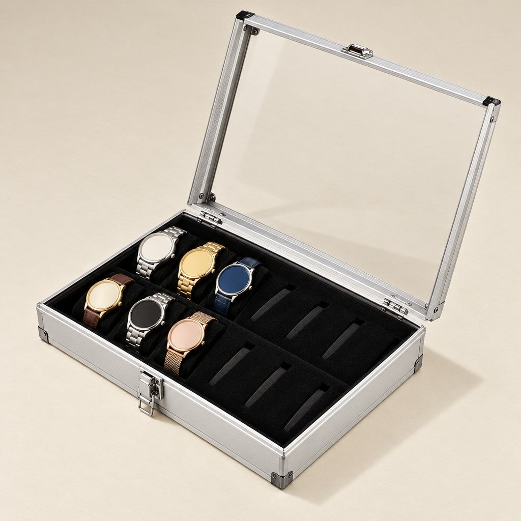 12-slot aluminum watch display box with the clear lid open and six watches