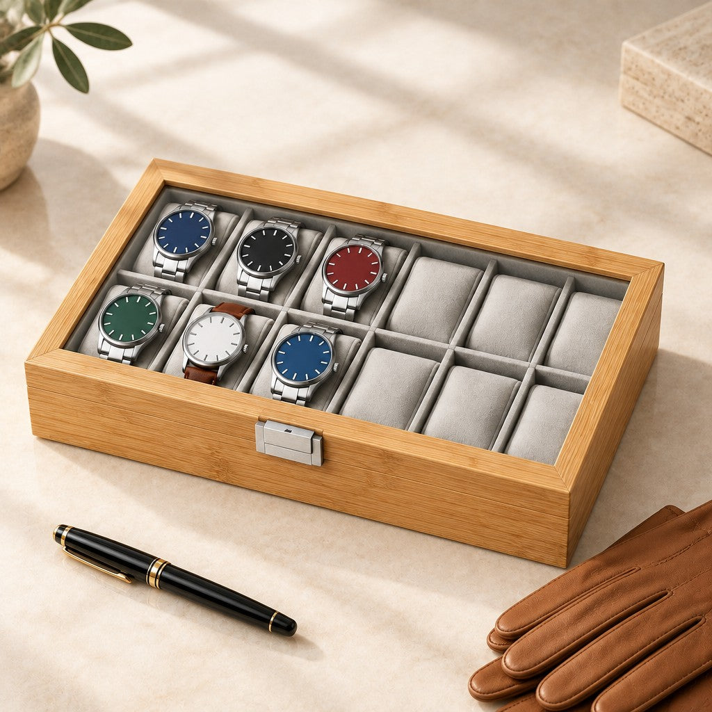 12-slot bamboo watch box closed, beside a fountain pen and leather gloves