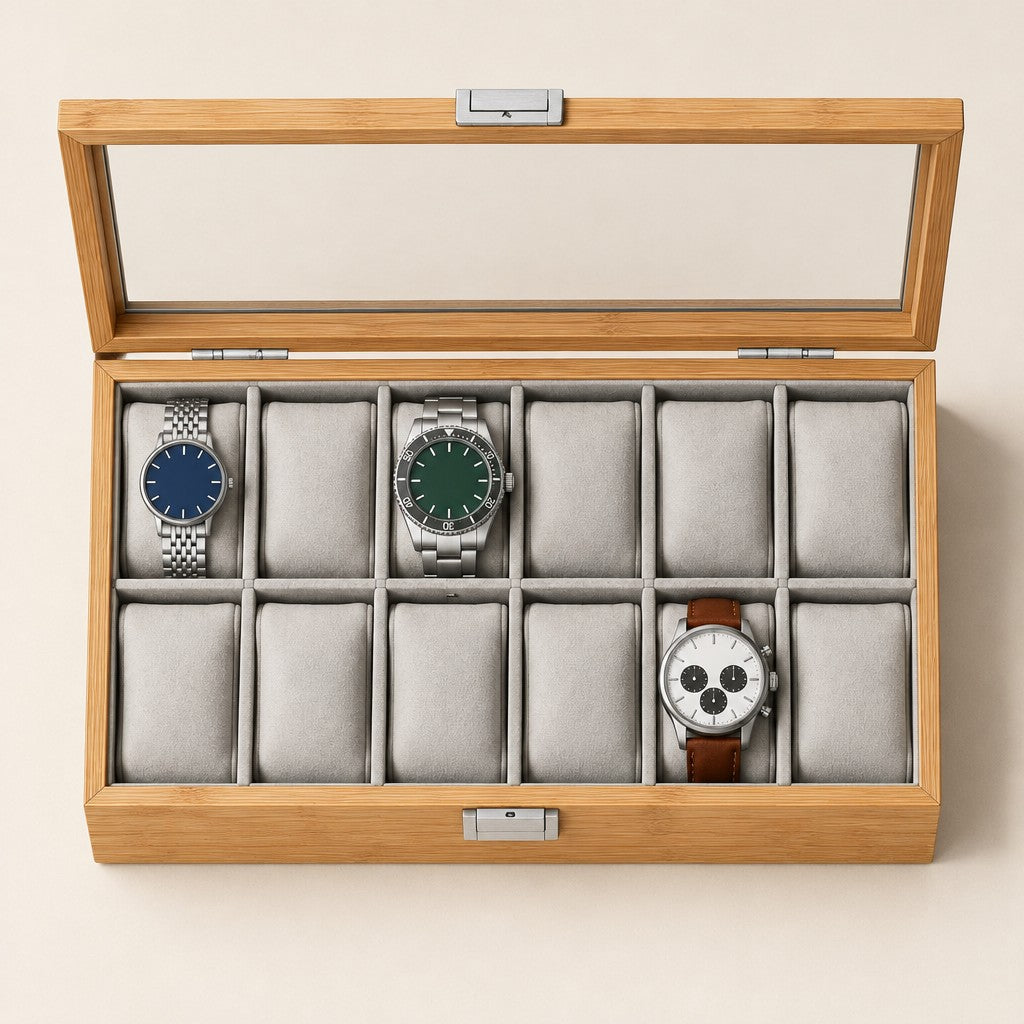 Top view of the 12 slot bamboo watch box with a 36 mm, a 42 mm and a 45 mm watch