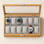 Top view of the 12 slot bamboo watch box with a 36 mm, a 42 mm and a 45 mm watch