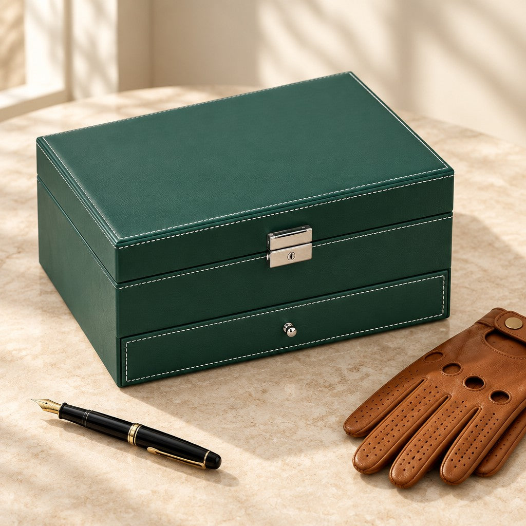 12-slot green watch and jewelry box closed, beside a fountain pen and leather gloves