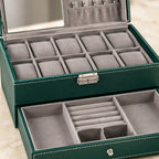 Close-up of the lining and hardware of the 12-slot green watch and jewelry box