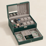 12-slot green watch and jewelry box open, watches on its pillows