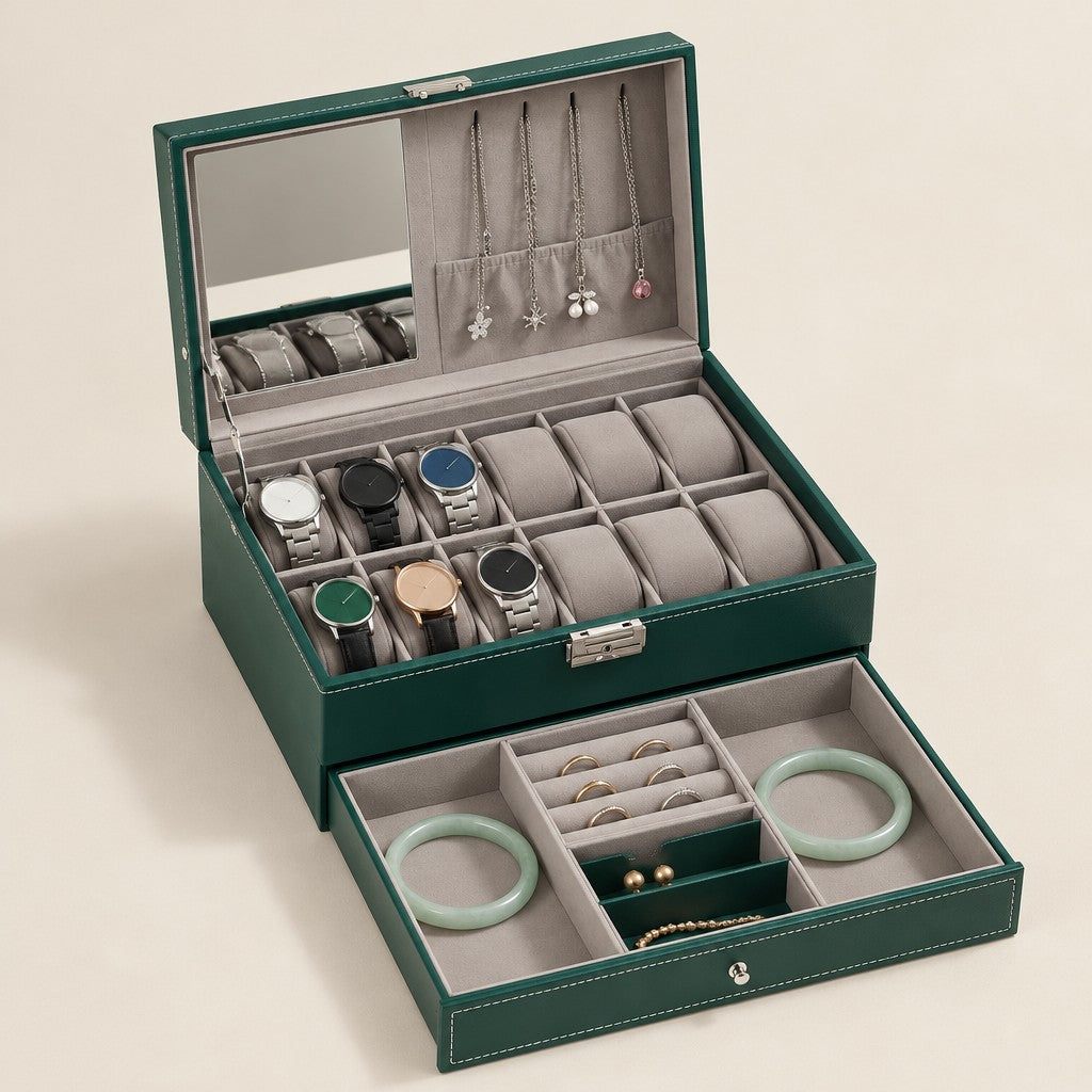 12-slot green watch and jewelry box open, watches on its pillows