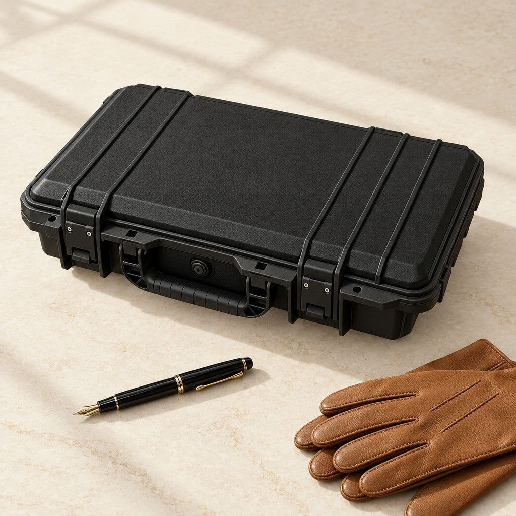 Black protective watch case closed, beside a fountain pen and leather gloves