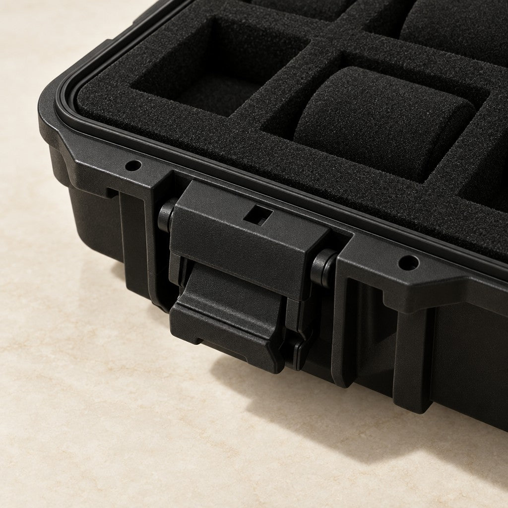 Close-up of the flip latch and foam compartments of the protective watch case