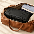 12-slot protective hard watch case packed in a leather weekender bag, for scale