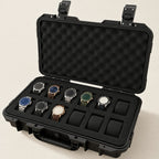 12-slot protective hard watch case, open with eight watches on foam pillows