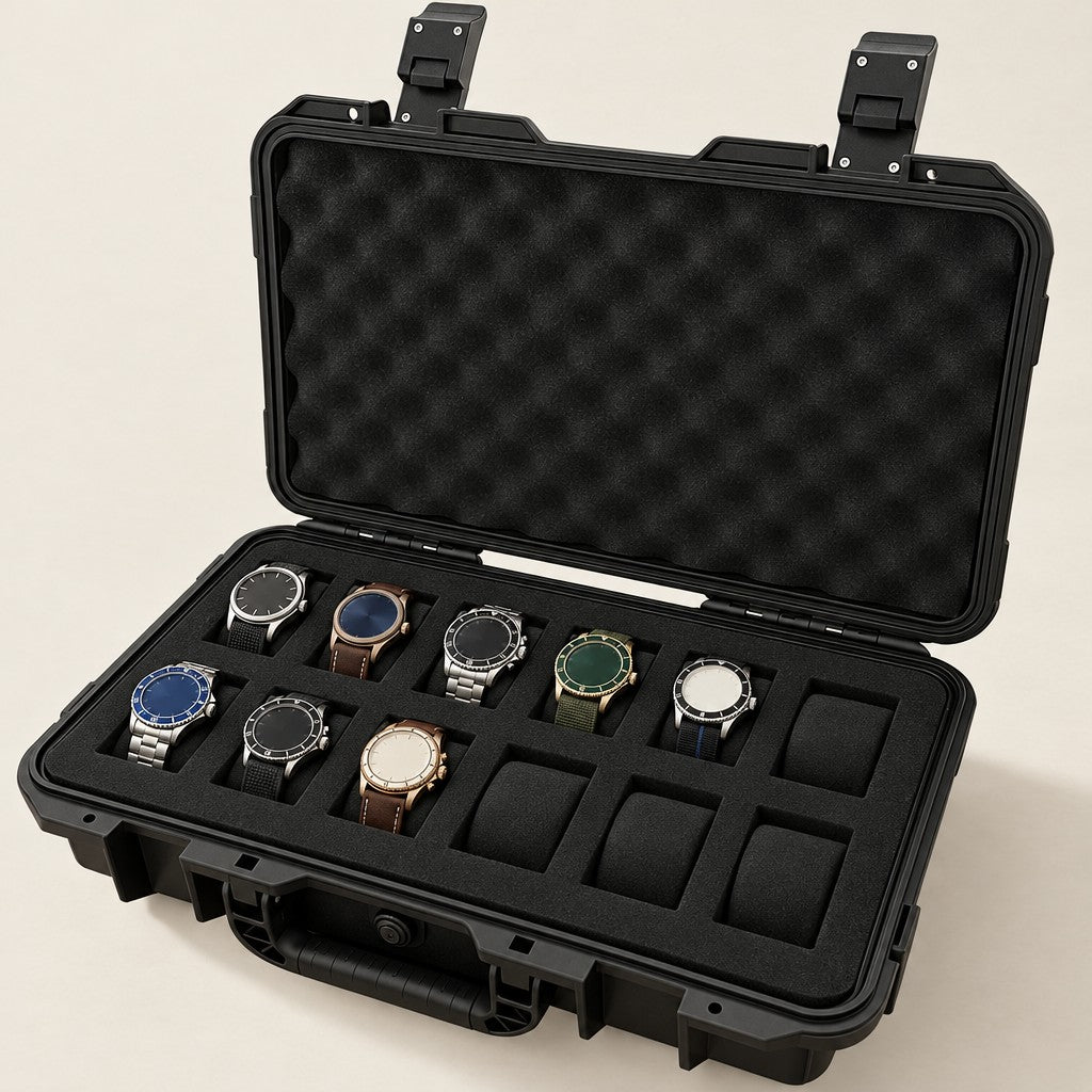12-slot protective hard watch case, open with eight watches on foam pillows