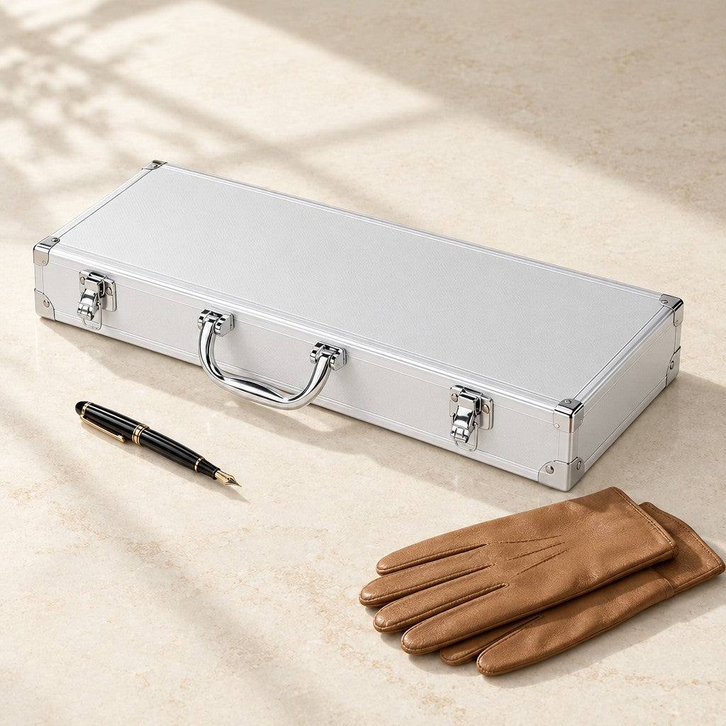 Silver aluminum watch case closed, beside a fountain pen and leather gloves