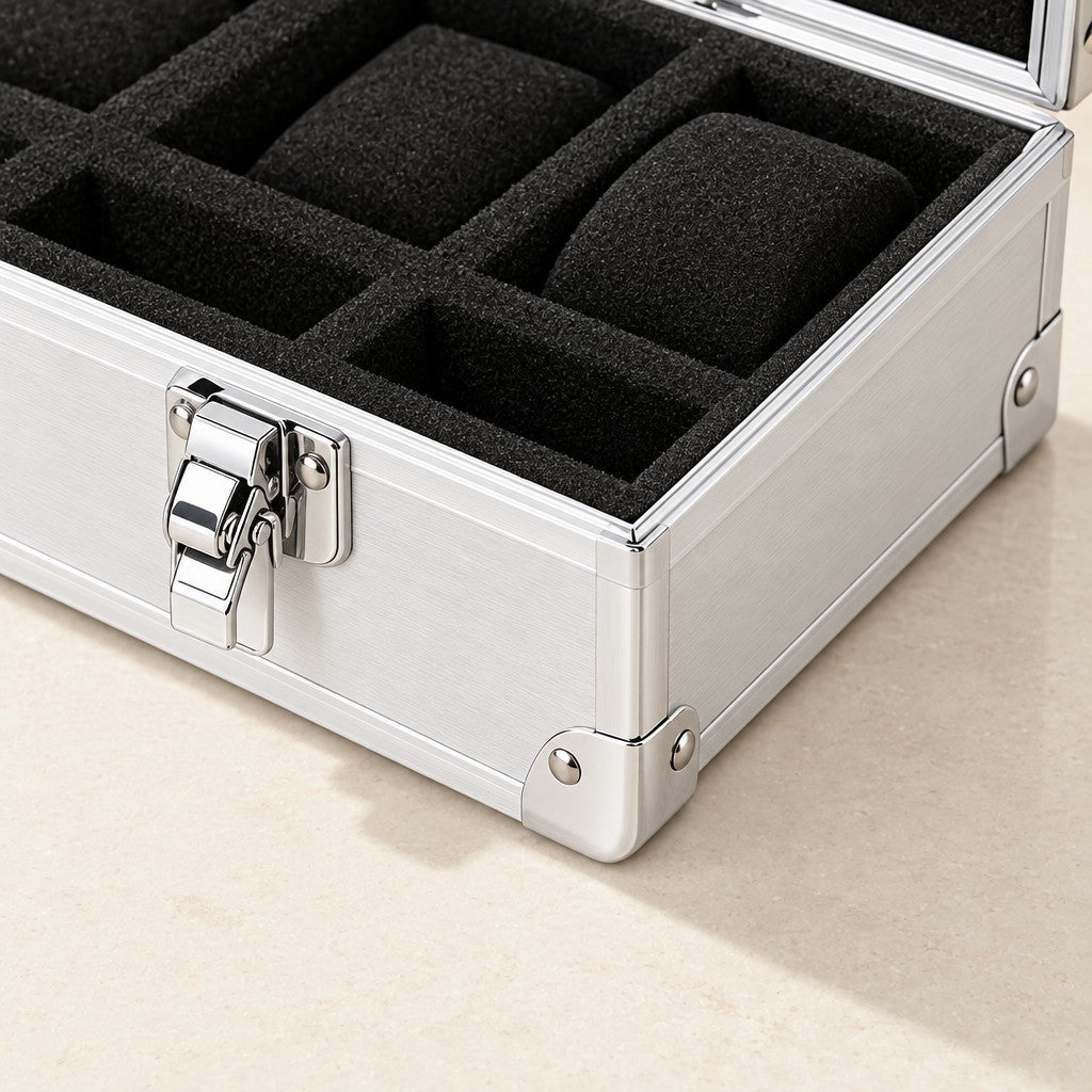 Close-up of the chrome latch, corner and foam compartments of the aluminum watch case
