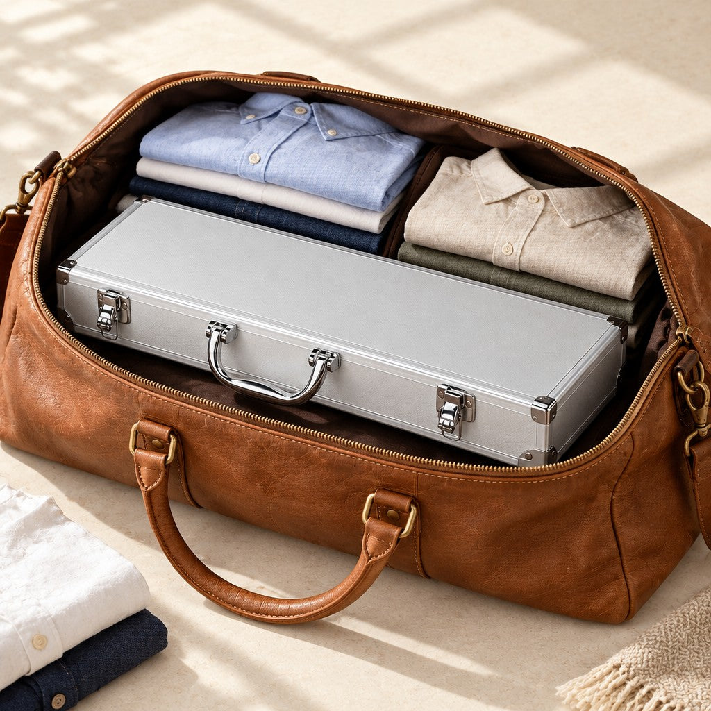 12-slot silver aluminum watch case packed in a leather weekender bag, for scale