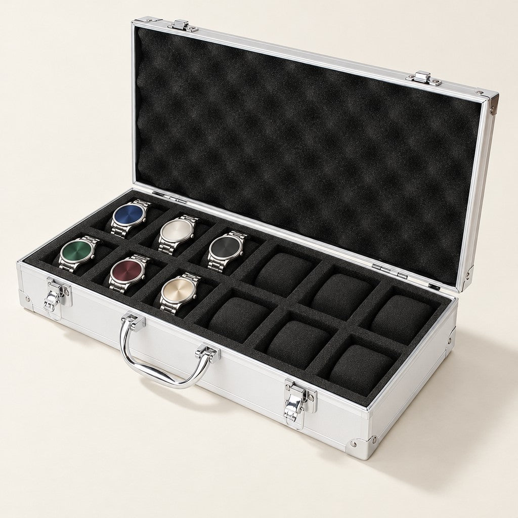 12-slot silver aluminum watch case, open with six watches