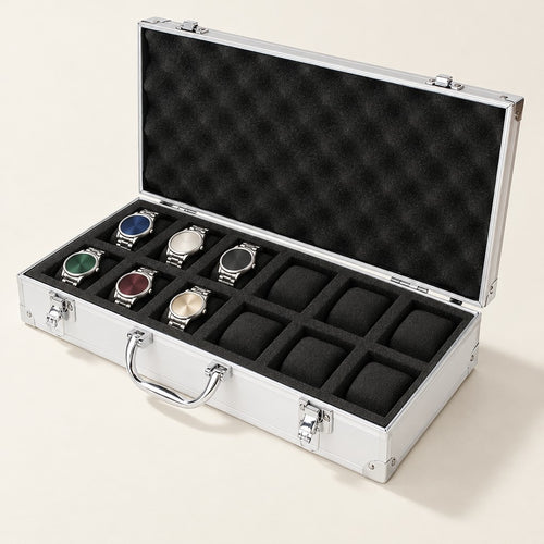 12-slot silver aluminum watch case, open with six watches