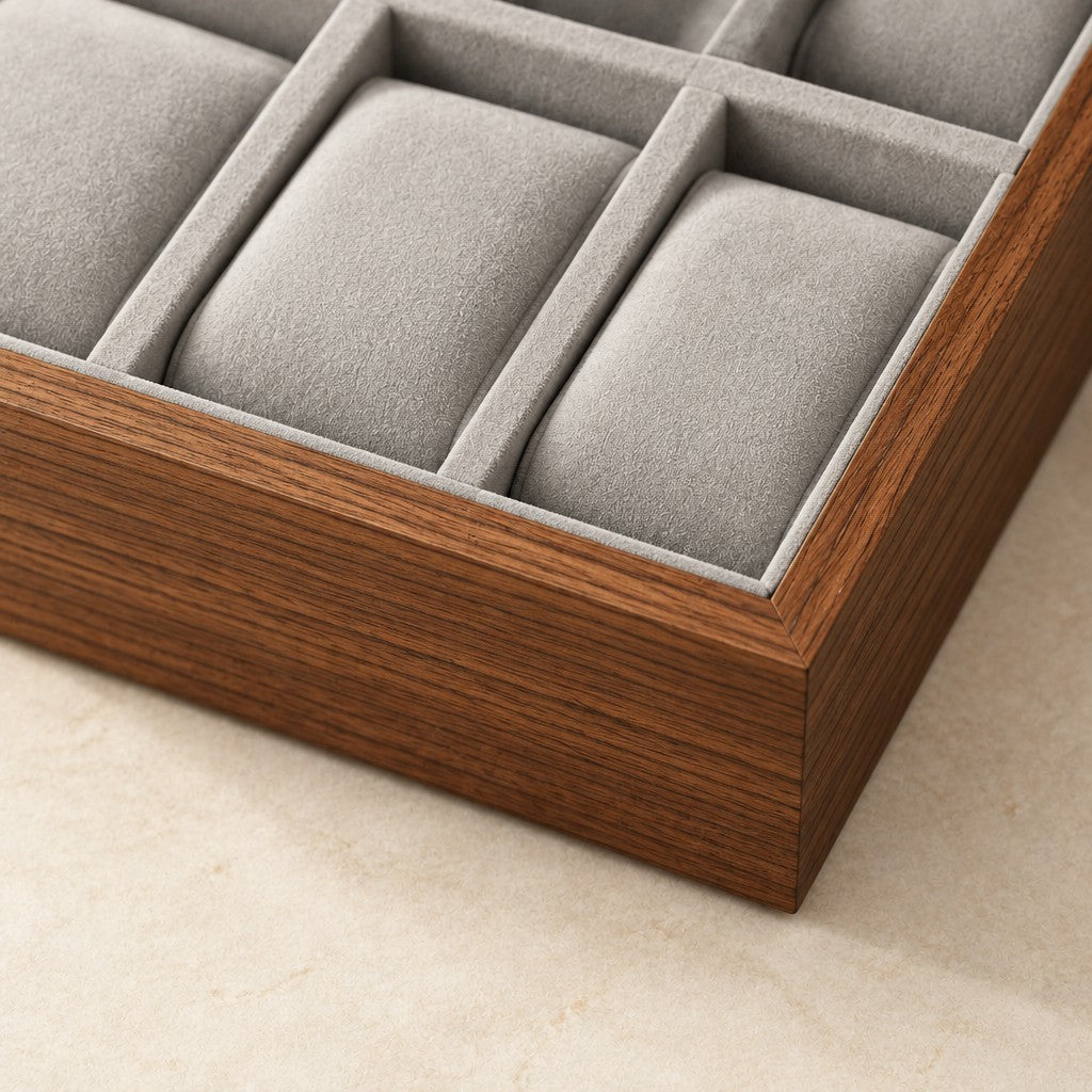 Close-up of the walnut grain frame and gray velvet-touch pillows
