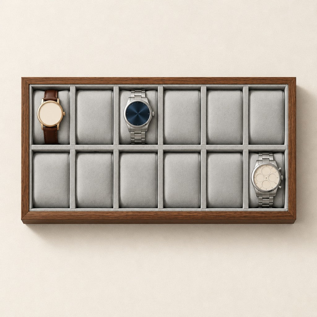 Top view of the 12 slot walnut grain watch storage box with a 36 mm, a 42 mm and a 45 mm watch