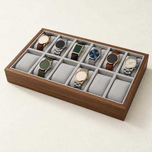 12-slot walnut grain watch storage box with gray pillows, open