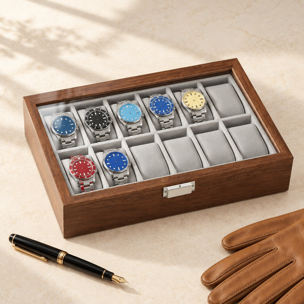 12-slot walnut watch display box closed, beside a fountain pen and leather gloves