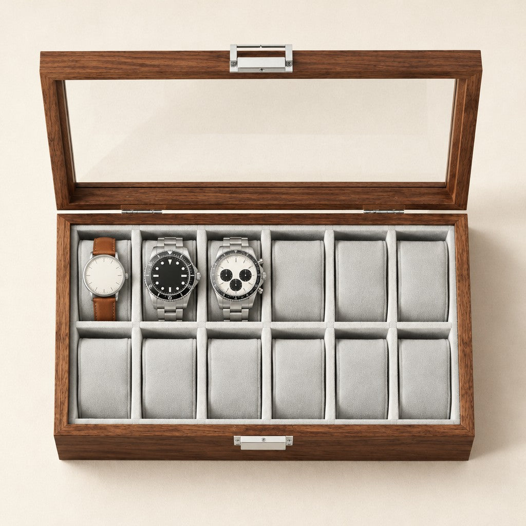 Top view of the 12-slot walnut finish watch box with a 36 mm, a 42 mm and a 45 mm watch