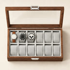 Top view of the 12-slot walnut finish watch box with a 36 mm, a 42 mm and a 45 mm watch