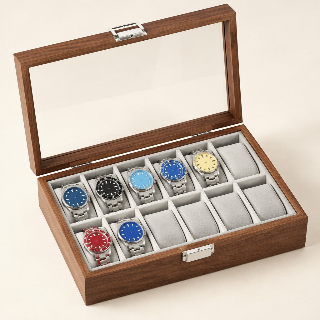 12-slot walnut finish watch display box, glass lid open