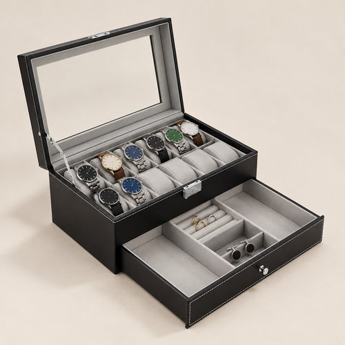 12-slot black watch box with jewelry drawer, lid and drawer open