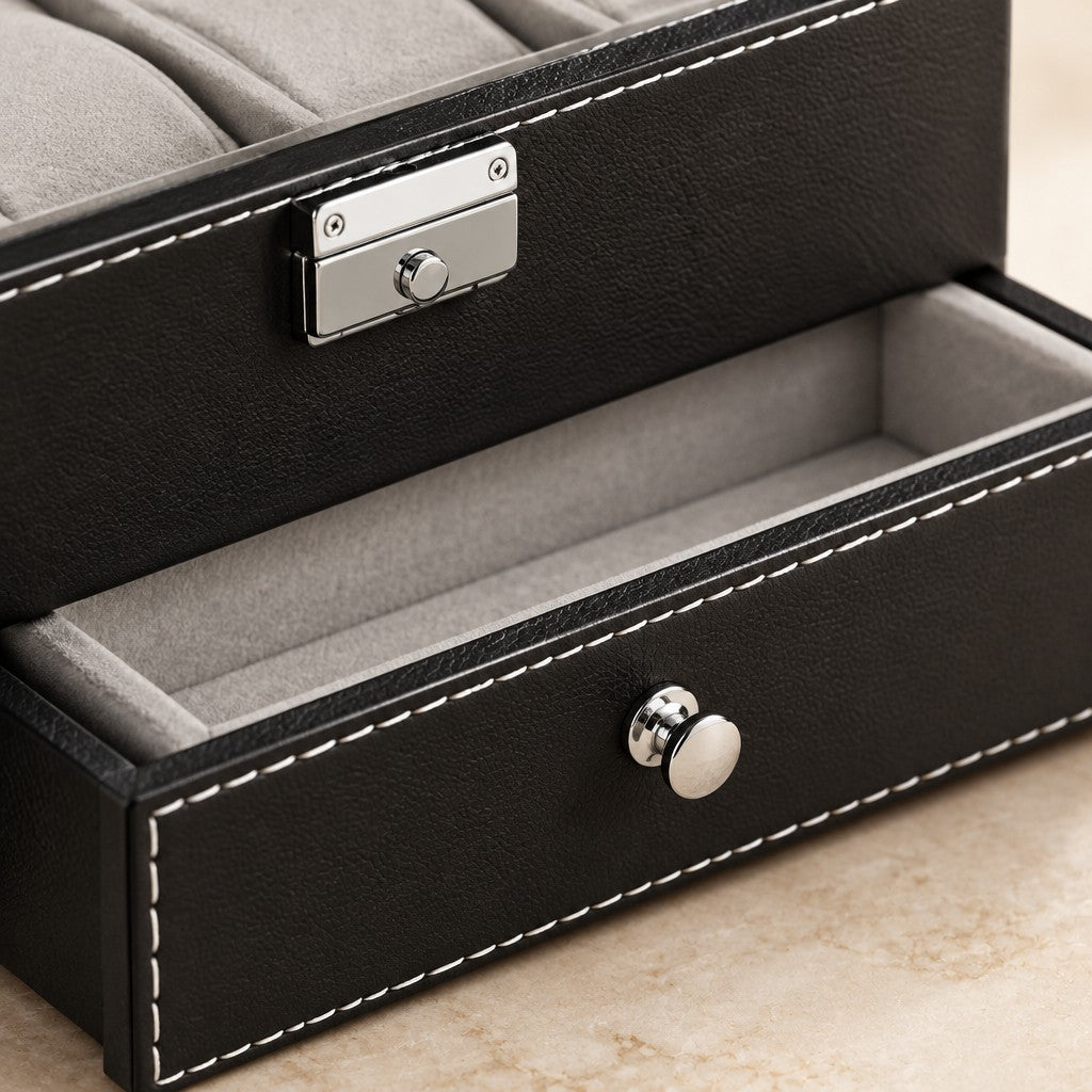 Close-up of the lock clasp and stitched faux leather of the two-tier watch box