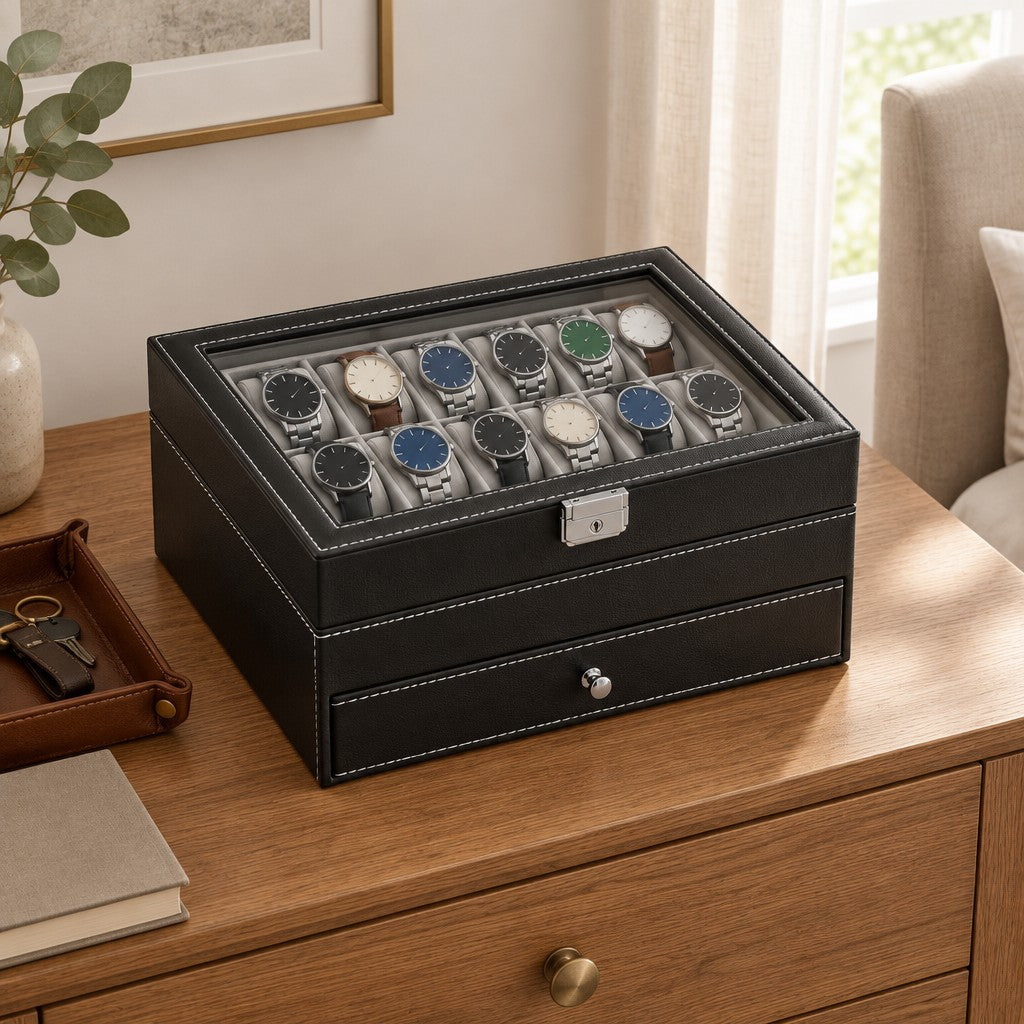 The 12 slot watch box jewelry drawer on a chest of drawers, for scale