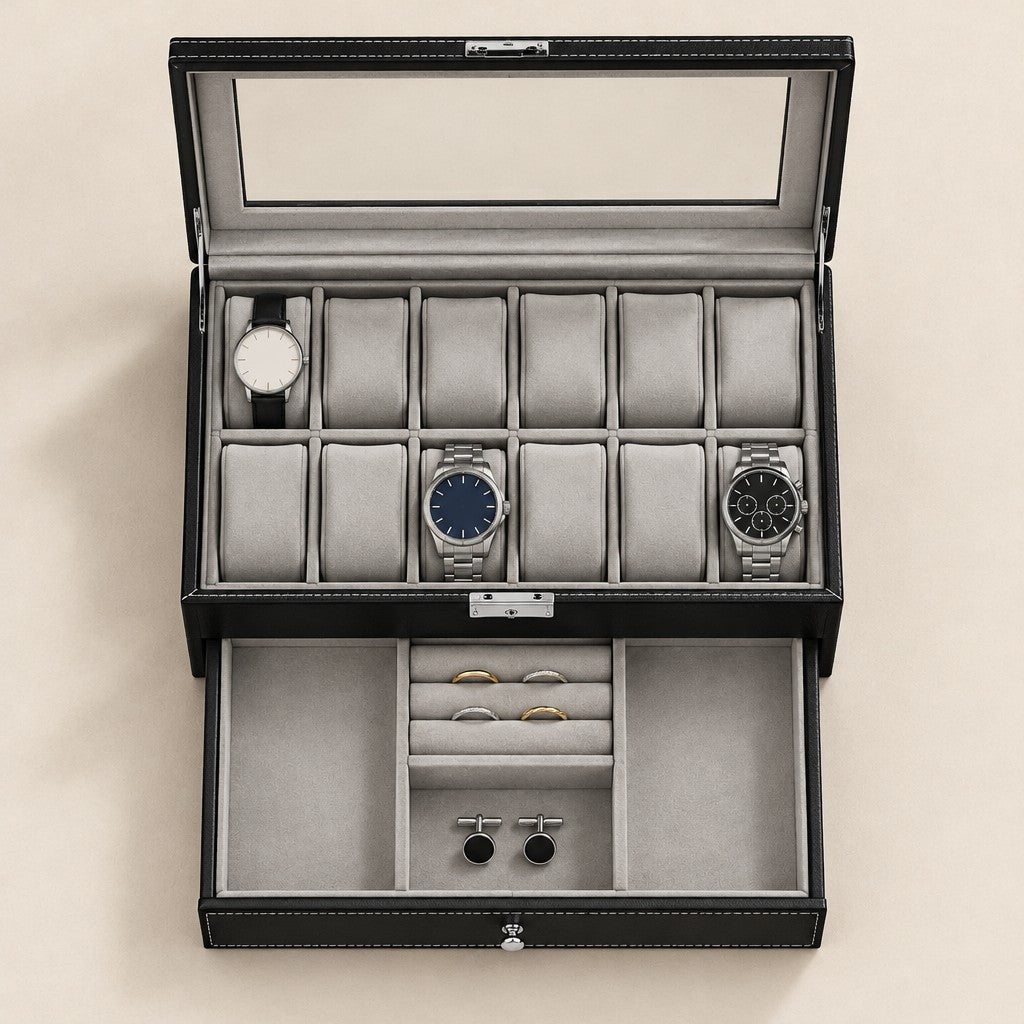 Top view of the 12 slot watch box jewelry drawer with a 36 mm, a 42 mm and a 45 mm watch