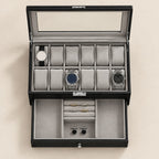 Top view of the 12 slot watch box jewelry drawer with a 36 mm, a 42 mm and a 45 mm watch
