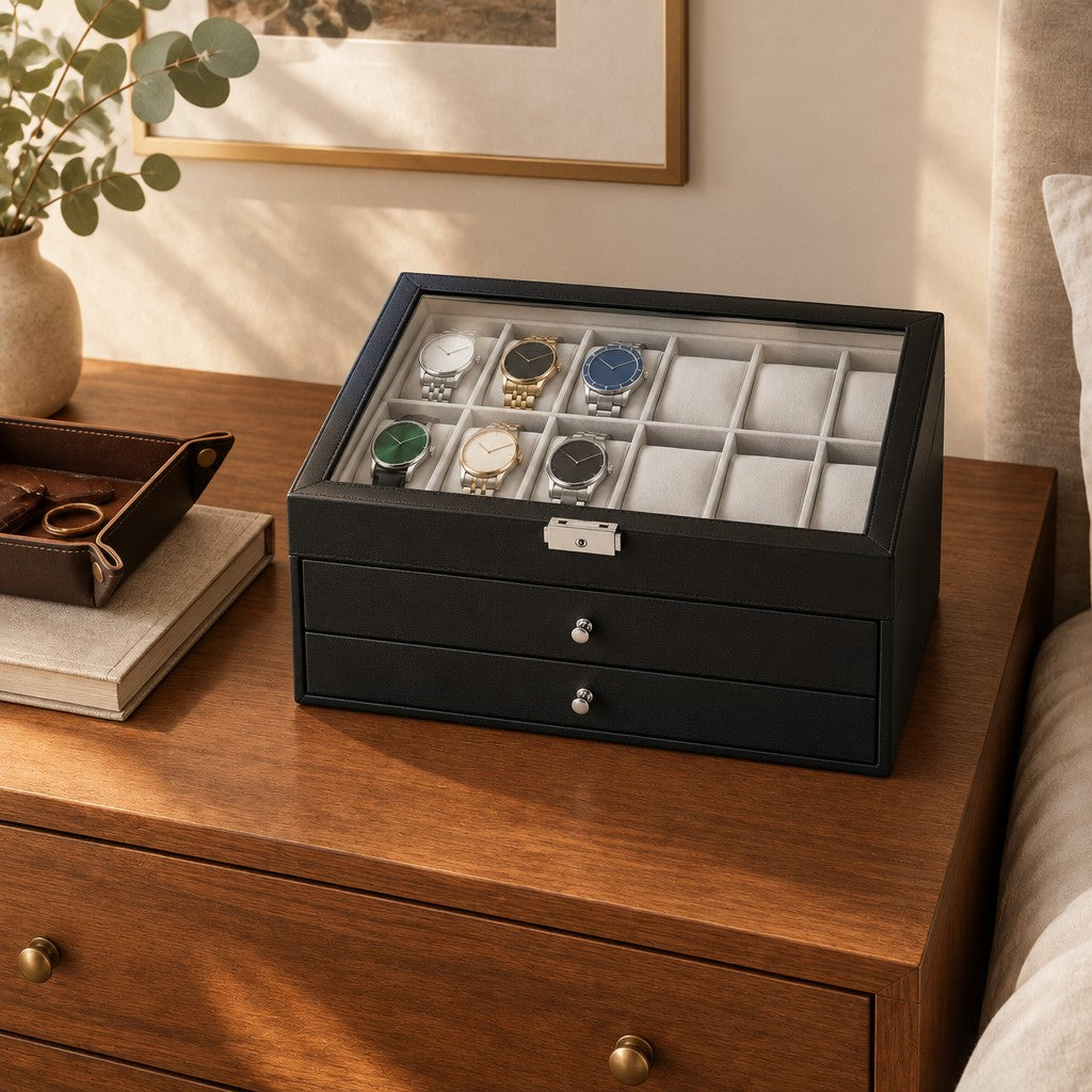 12-slot watch box with two drawers on a wooden dresser beside a valet tray and a book