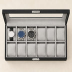 Top view of the 12 slots holding a 36 mm, a 42 mm and a 45 mm chronograph watch