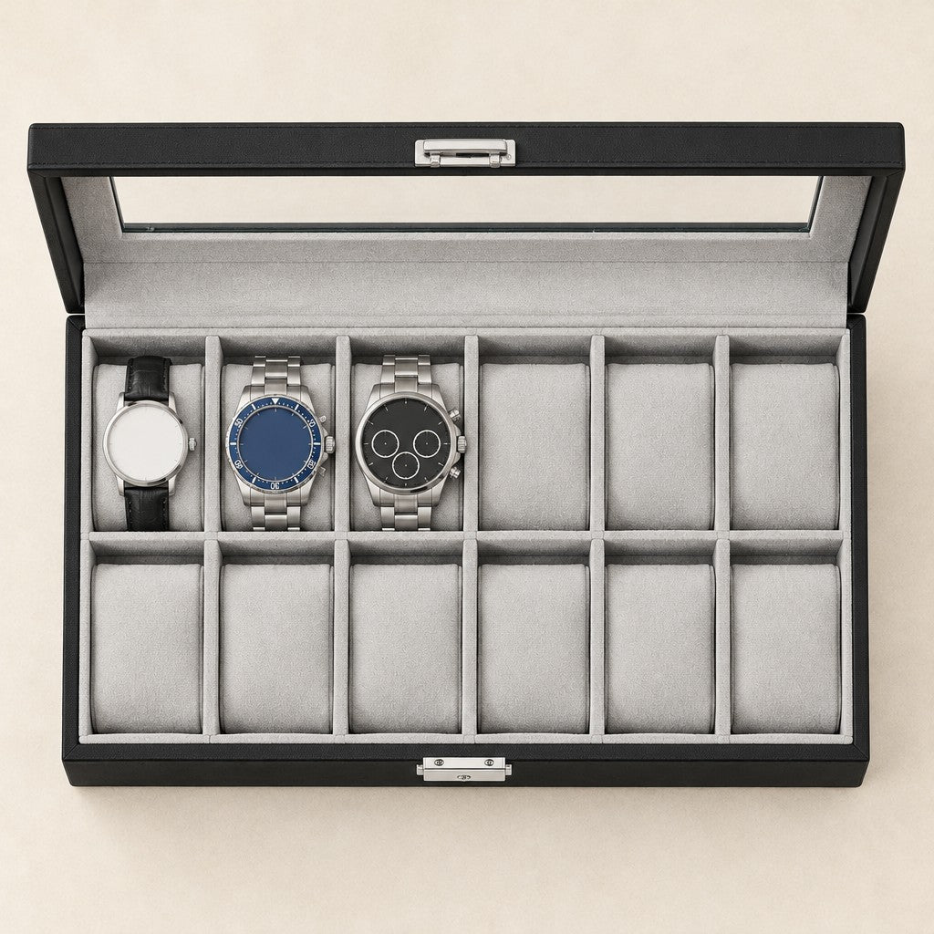 Top view of the 12 slots holding a 36 mm, a 42 mm and a 45 mm chronograph watch