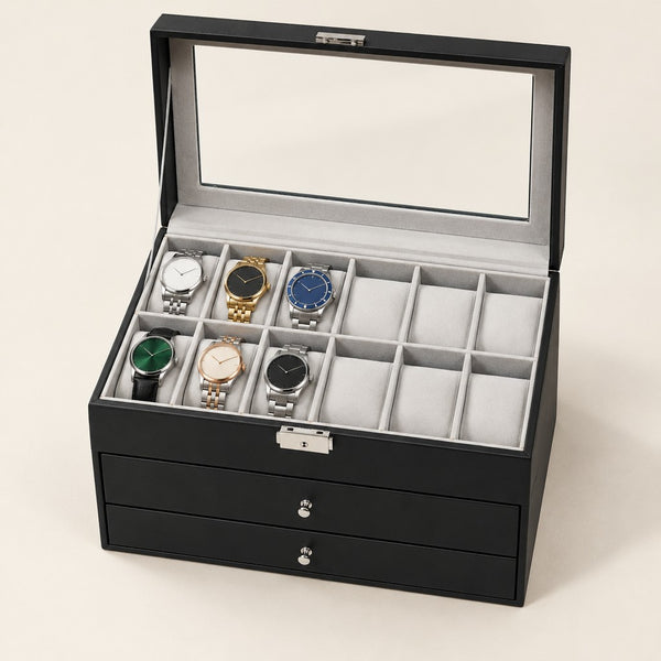 12-Slot Lockable Watch Box with Two Drawers