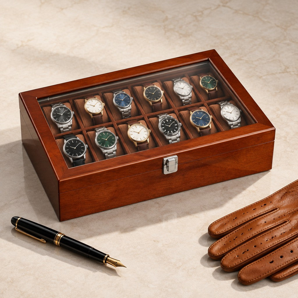 12-slot wooden watch box closed, beside a fountain pen and leather gloves
